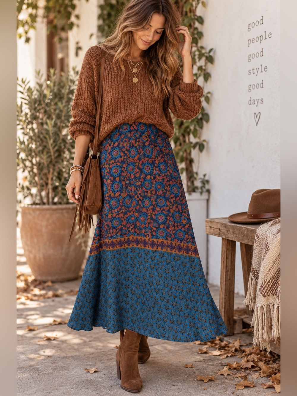 NATURAL LIFE Amy Maxi Skirt Blue and Rust Printed M Boho Fall West Coast - Picture 12 of 12